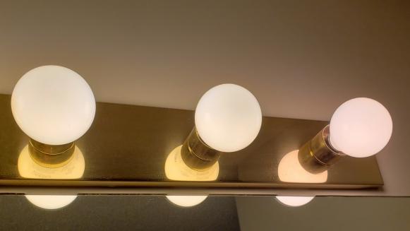 It's hard to tell LED bulbs from incandescent bulbs. Here, the only incandescent is the one on the far right.