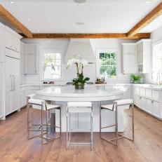 White Transitional Chef Kitchen With Eating Bar