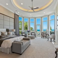 Gray Master Bedroom With Lake Views
