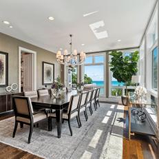 Neutral Transitional Dining Room With Lake View