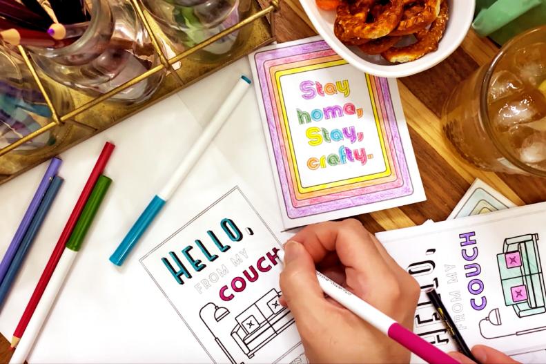 "Stay Home, Stay Crafty" and "Hello From My Couch" coloring pages