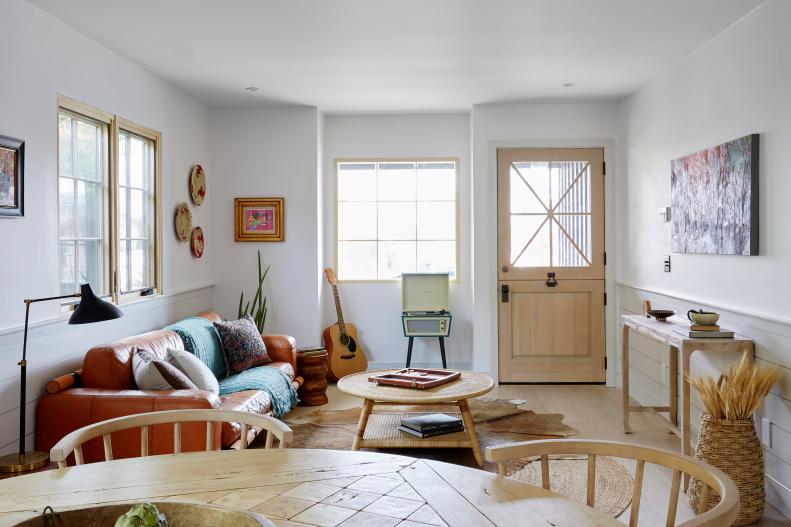 This family room includes a customized Dutch door and open layout.