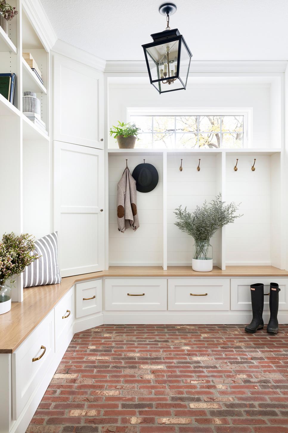 Modern Spacious White Mudroom With Red Brick Flooring Hgtv