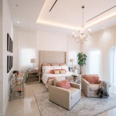 White Art Deco Bedroom With Pink Pillows