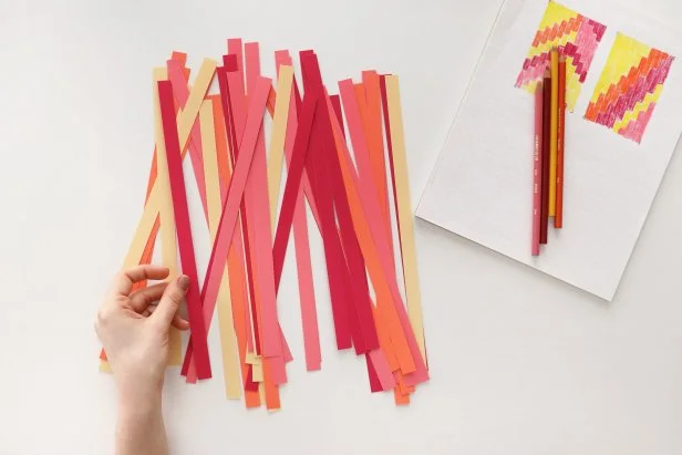 Cut cardstock into ¼” strips using a paper cutter or scissors. Then cut down each strip to pieces that measure 3¼”. Once you have one piece cut, you can use it as a pattern to trim the rest of the strips.