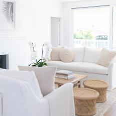 White Scandinavian Living Room With Round Stools