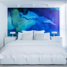 White Modern Bedroom With Blue Mural