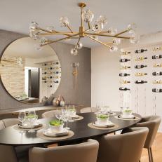 Silver Dining Room With Gold Chandelier