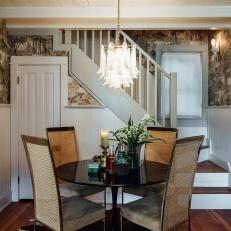 Eclectic Dining Room With Toile Wallpaper