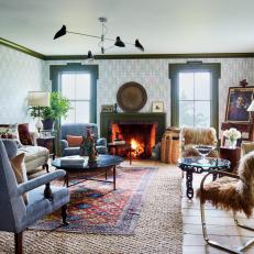Country Living Room With Green Trim
