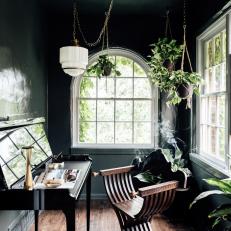 Green Home Office With Arched Window
