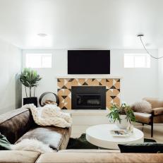 Transitional Living Room With Graphic Fireplace