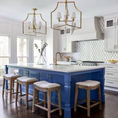 White Transitional Kitchen With Blue Island