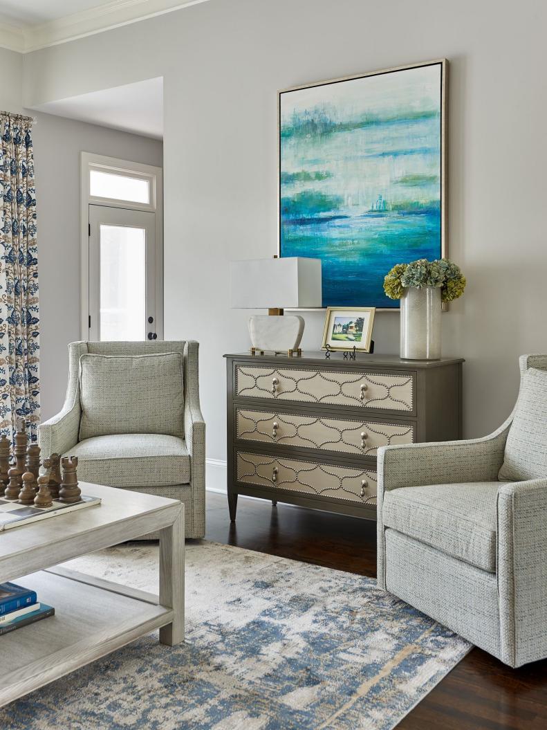 Gray Family Room With Blue Art