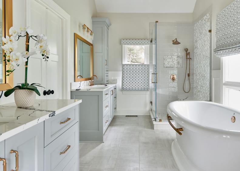 Gray Main Bathroom With White Orchid