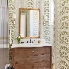 Green Cottage Powder Room With Wallpaper