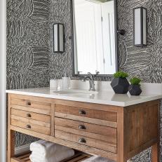 Gray Guest Bathroom With Feather Wallpaper