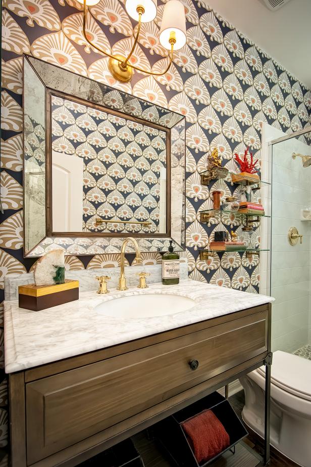 Bohemian Bathroom With Gold Wallpaper | HGTV