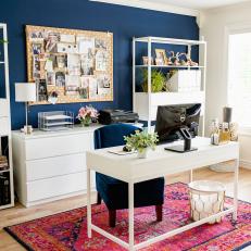Blue Transitional Home Office With Pink Rug