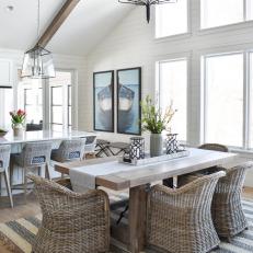 Open Plan Coastal Dining Area With Striped Rug