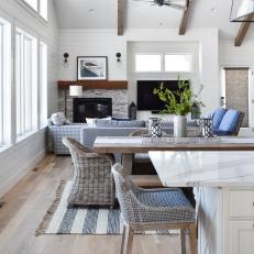 Neutral Coastal Great Room With Striped Rug