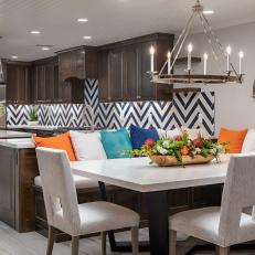 Transitional Dining Area With Multicolored Pillows