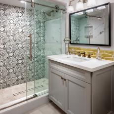Gray Bathroom With Yellow Backsplash