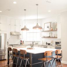 White Transitional Chef Kitchen With Wood Stools