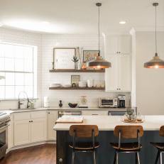 White Transitional Kitchen With Gray Island