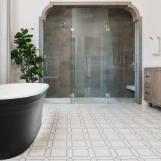 Gray Spa Bathroom With Black Tub