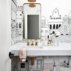 Black and White Eclectic Powder Room With Pink Sconce