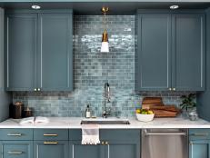 Blue Butler's Pantry With Subway Tile