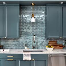 Blue Butler's Pantry With Subway Tile