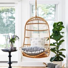 Bright Room Features a Hanging Wicker Chair, a Black End Table and a Fiddle Leaf Fig Plant