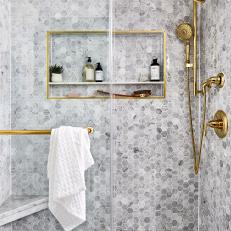 Honeycomb Mosaic With Gold Detailing an Elegant Choice for the Beautiful Bathroom Shower 