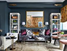 Global Decor in Dark Blue Living Room, Velvet Sofa and Big Lounge Seat