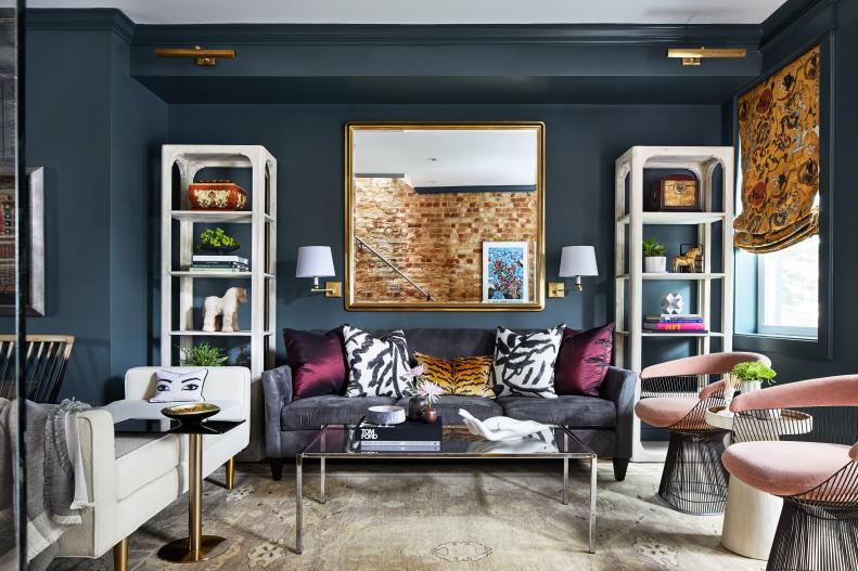 Global Decor in Dark Blue Living Room, Velvet Sofa and Big Lounge Seat