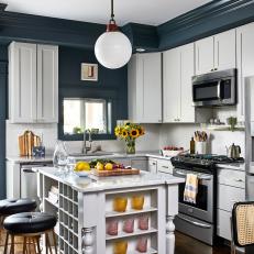 Bold Blue Kitchen With Island Seating
