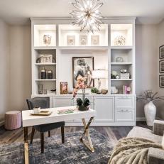 Neutral Art Deco Home Office With Pink Orchid