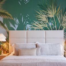 Tropical Bedroom With Green Palm Wallpaper