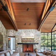 Rustic Living Room With Oak Ceiling