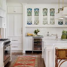 Transitional White Kitchen With Red Runner