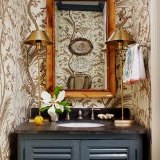 Brown Powder Room With Gold Lamps