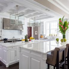 White Transitional Chef Kitchen With Two Islands