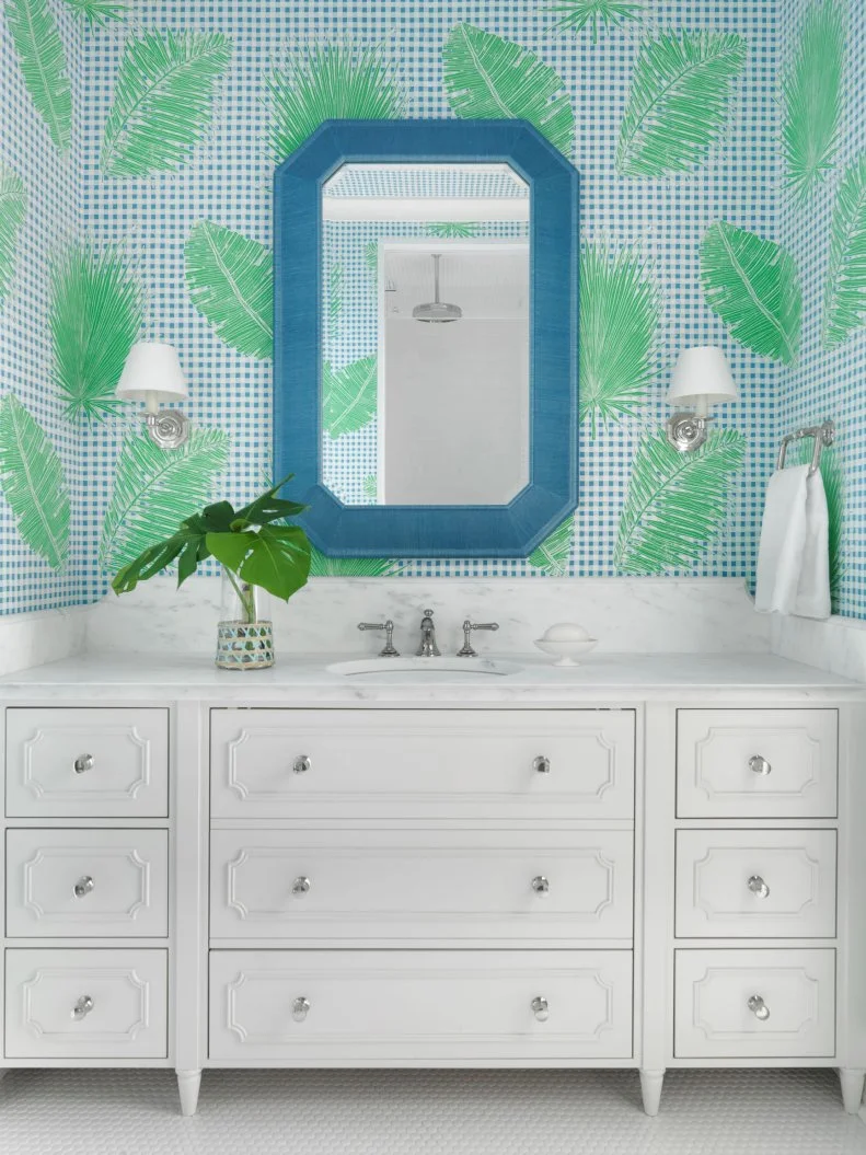 Blue Gingham Wallpaper in Small Pool House Single Vanity Bath