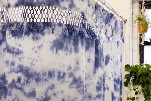 Tie-Dye Shower Curtain In Tiled Bathroom
