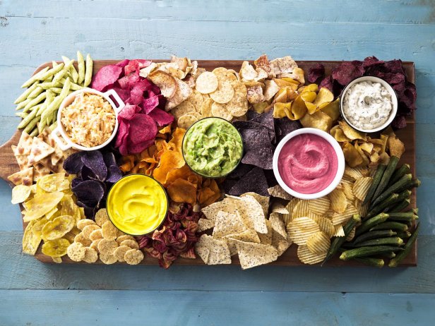 Platter With Mix of Potato Chips, Pita Breads and Dips