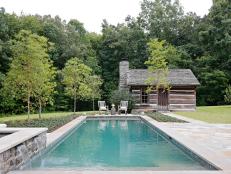 Mature Trees Around Swimming Pool, Rustic Guest Cabin, Rocking Chairs