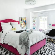 Black and White Girl's Bedroom With Pink Bed