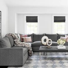 Gray Transitional Living Room With Pink Pillows